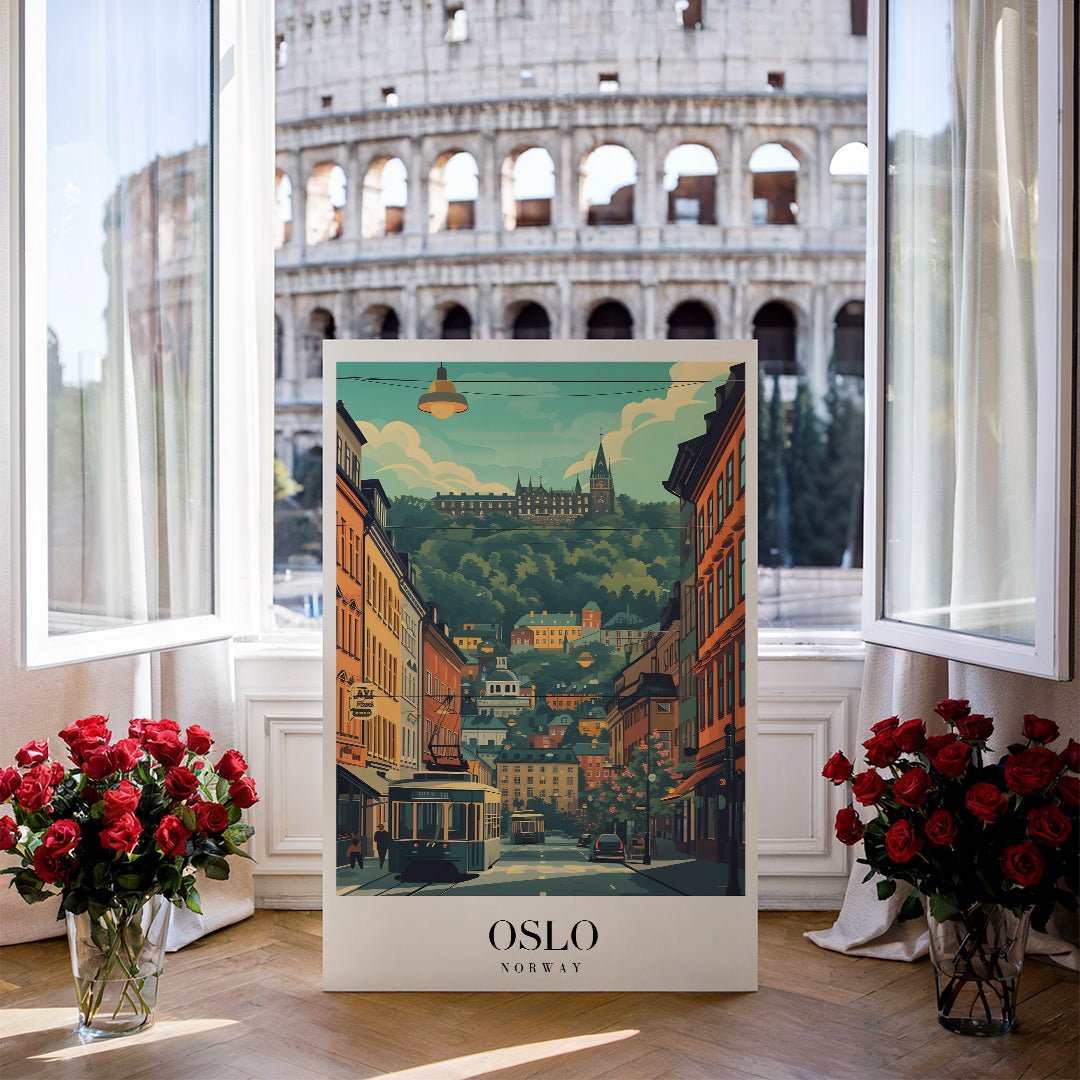 Tablou Canvas tramvai Oslo retro pe dealuri pitoresti | The Print Studio