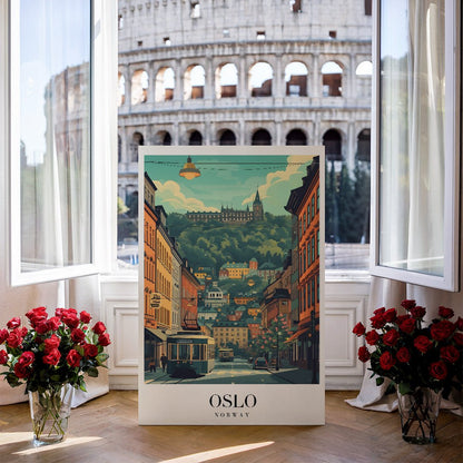 Tablou Canvas tramvai Oslo retro pe dealuri pitoresti | The Print Studio