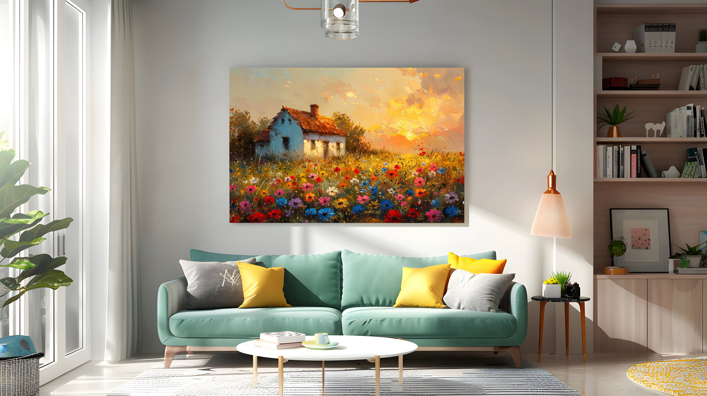 Tablou Canvas casuta rustica si camp de flori in lumina apusului | The Print Studio