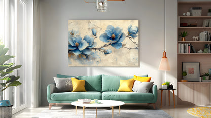 Tablou Canvas flori albastre magnolie pe ramuri in stil realist | The Print Studio