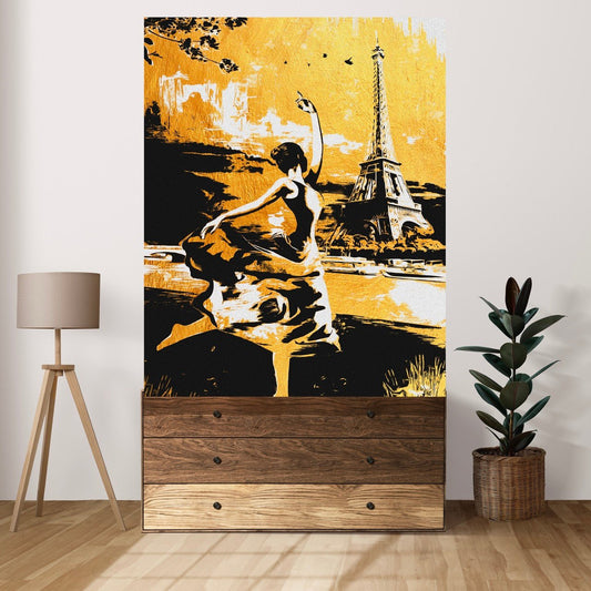 Tablou Canvas Black & Gold Dansatoare lângă Turnul Eiffel - Artă Modernă Unică