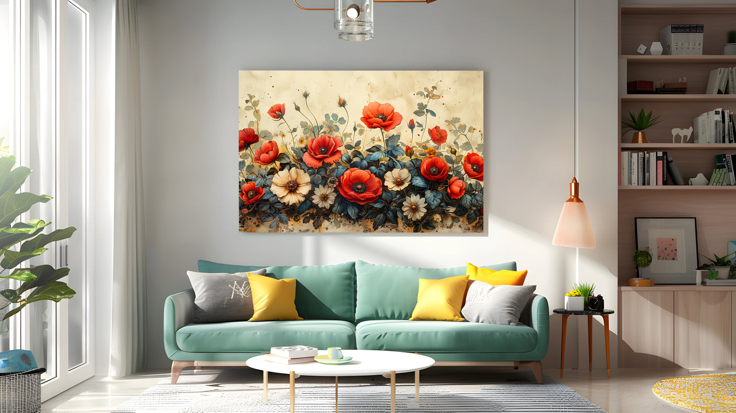 Tablou Canvas maci rosii si albe vintage in natura | The Print Studio