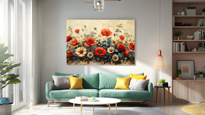 Tablou Canvas maci rosii si albe vintage in natura | The Print Studio
