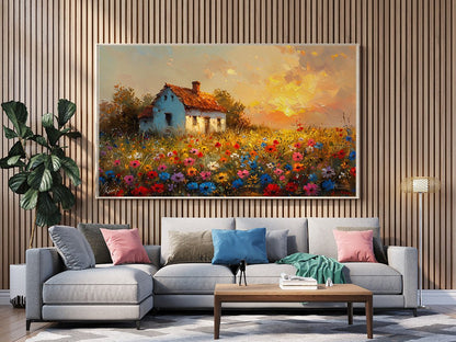 Tablou Canvas casuta rustica si camp de flori in lumina apusului | The Print Studio
