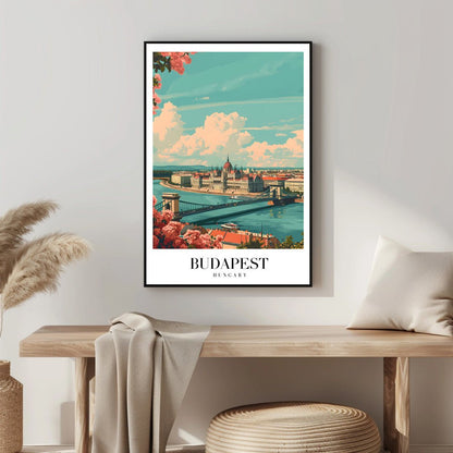 Tablou Canvas Pod Budapesta in lumina cerului albastru si flori vibrante | The Print Studio