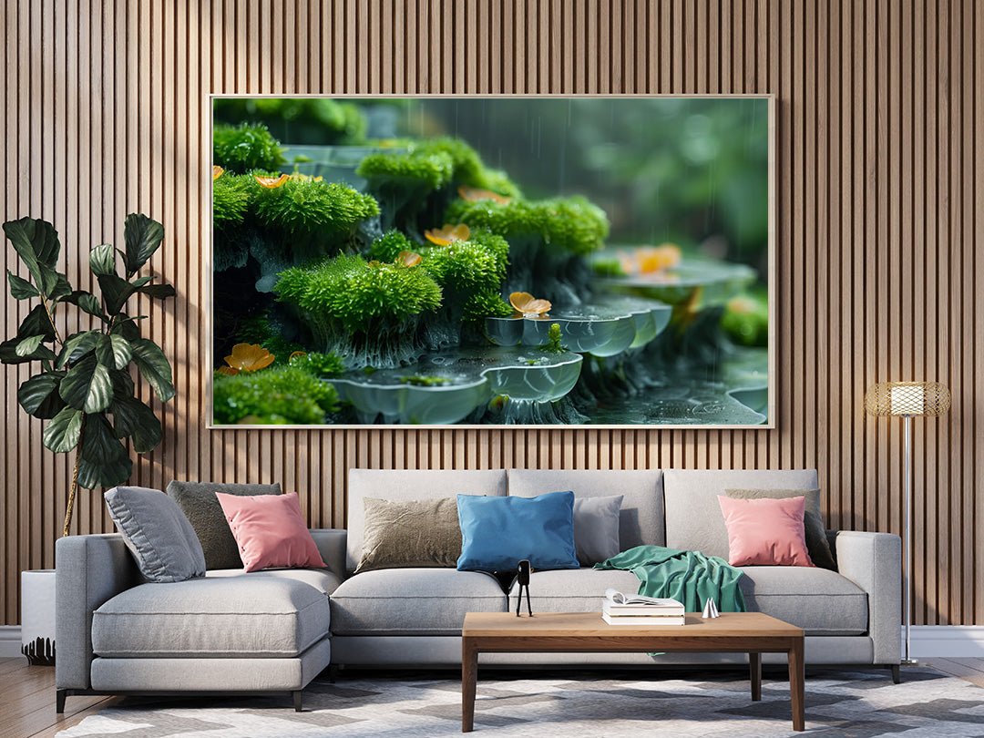 Tablou Canvas muschi vibrant si picaturi de roua naturala | The Print Studio