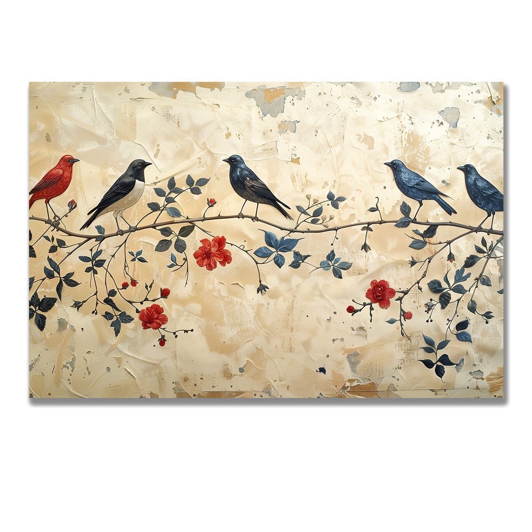 Tablou Canvas Pasari delicate pe ramura cu flori primavaratice | The Print Studio