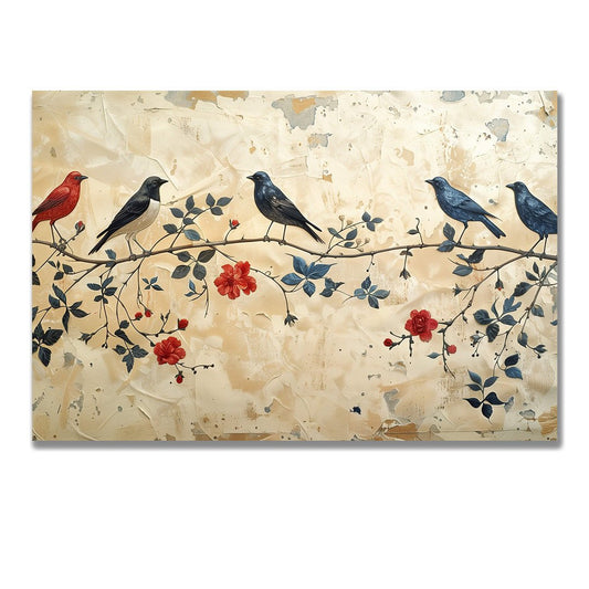 Tablou Canvas Pasari delicate pe ramura cu flori primavaratice | The Print Studio