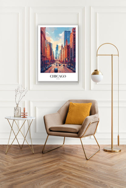 Tablou Canvas Print Chicago strazi aglomerate si cer senin, stil ilustratie vibranta