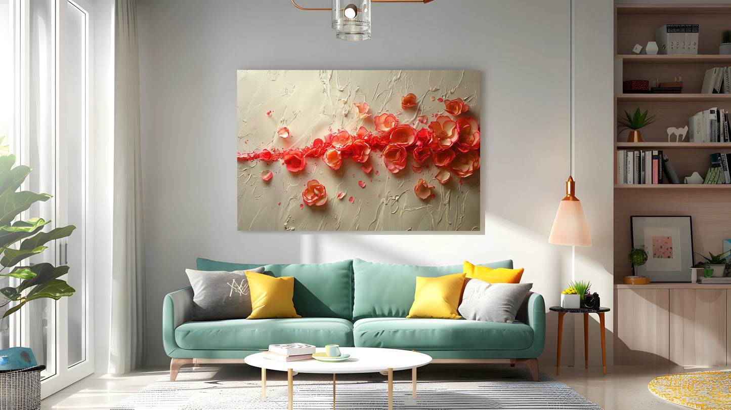 Tablou Canvas flori rosii vibrante cu texturi abstracte | The Print Studio