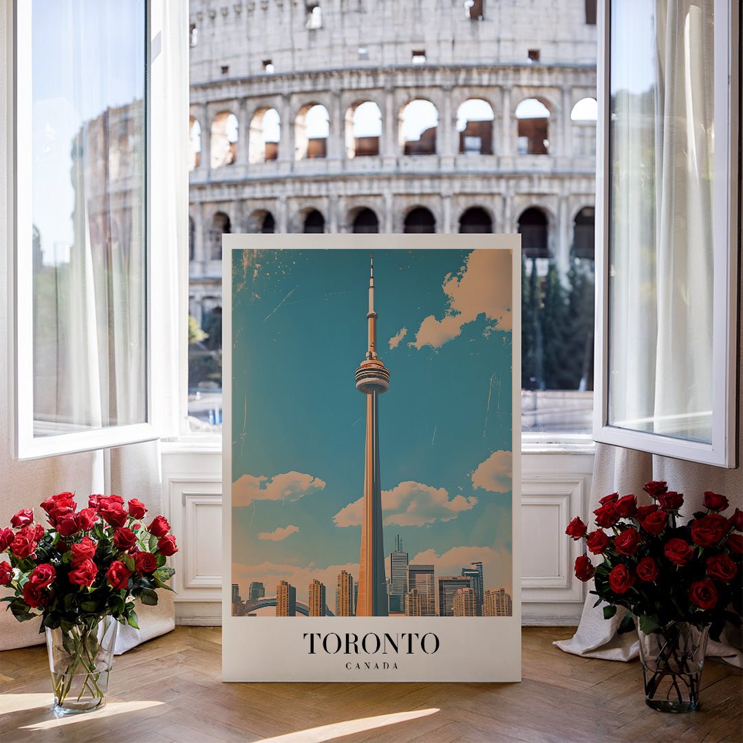 Tablou Canvas CN Tower Toronto pe cer albastru retro | The Print Studio