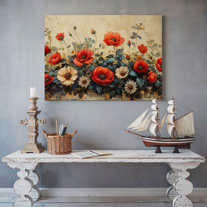Tablou Canvas maci rosii si albe vintage in natura | The Print Studio