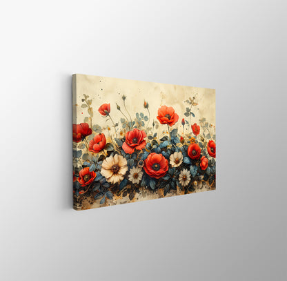 Tablou Canvas maci rosii si albe vintage in natura | The Print Studio