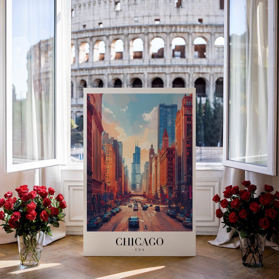 Tablou Canvas Print Chicago strazi aglomerate si cer senin, stil ilustratie vibranta