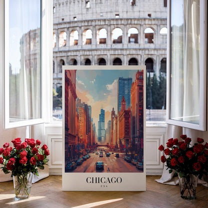 Tablou Canvas Print Chicago strazi aglomerate si cer senin, stil ilustratie vibranta