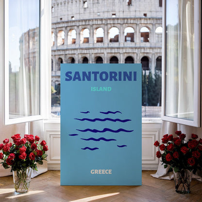Tablou Canvas valuri albastre si insula Santorini stil minimalist | The Print Studio