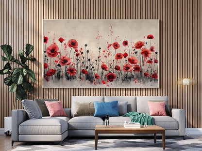 Tablou Canvas camp vibrant de maci rosii sub cer senin | The Print Studio