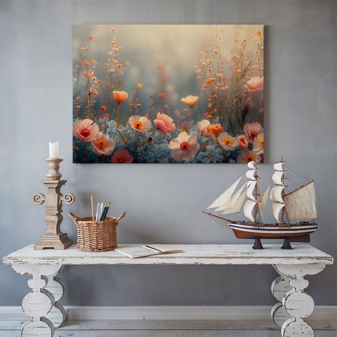 Tablou Canvas camp pastelat de flori intr-un peisaj realist | The Print Studio