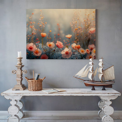 Tablou Canvas camp pastelat de flori intr-un peisaj realist | The Print Studio